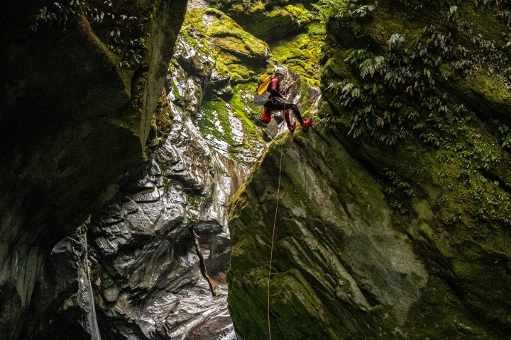 Person rappelling down a mossy rock cliff into a turquoise pool in a lush canyon.