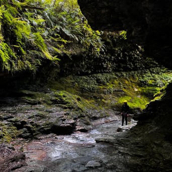 a person standing next to a waterfall