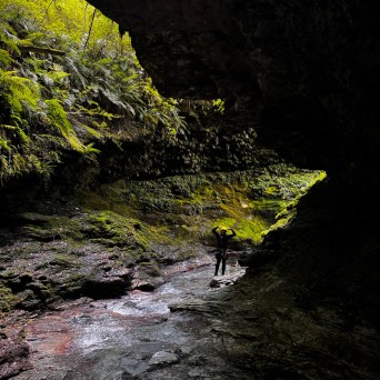 a person standing next to a waterfall