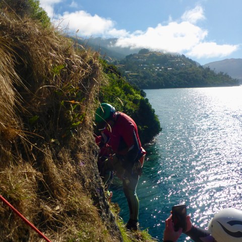 Climbers on a grassy cliff beside a lake with mountains in the background.