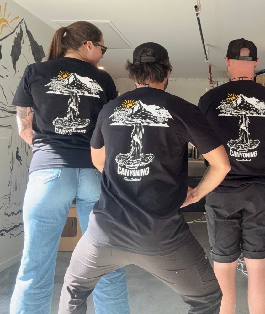 Our new canyoning nz t-shirts with Kaylah's awesome design
