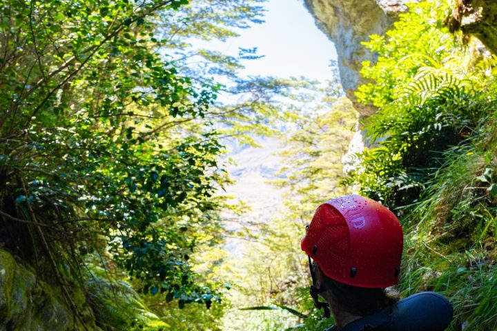 Person in helmet and wetsuit sitting among rocks and foliage, looking at a lush canyon.
