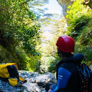 Person in helmet and wetsuit sitting among rocks and foliage, looking at a lush canyon.