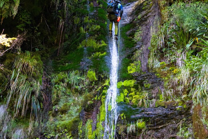 Person descending a waterfall with climbing gear in a lush, green forested area.