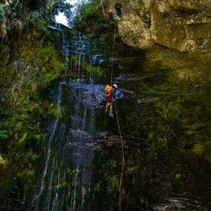 Two individuals rappel down a mossy cliff with a small waterfall cascading beside them.
