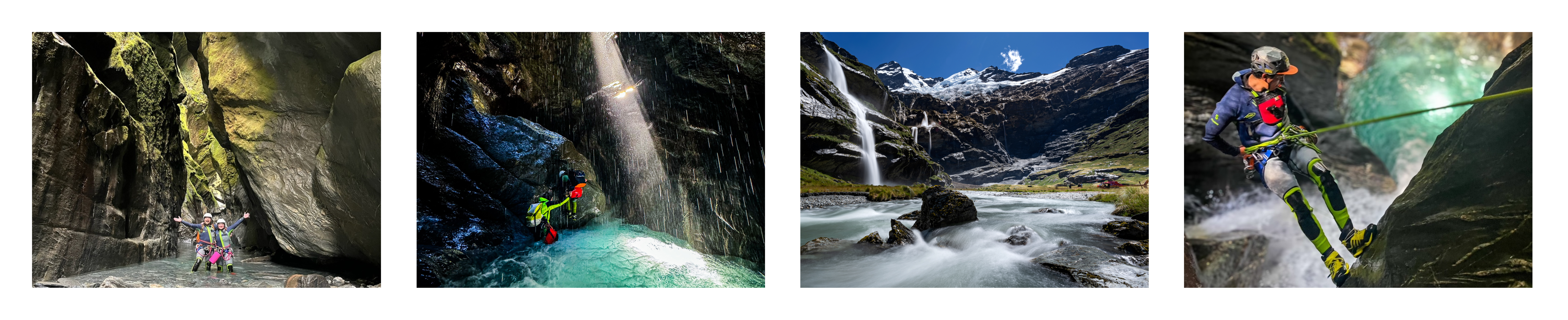 Four images of people canyoning with ropes and helmets in rocky, waterfall landscapes.
