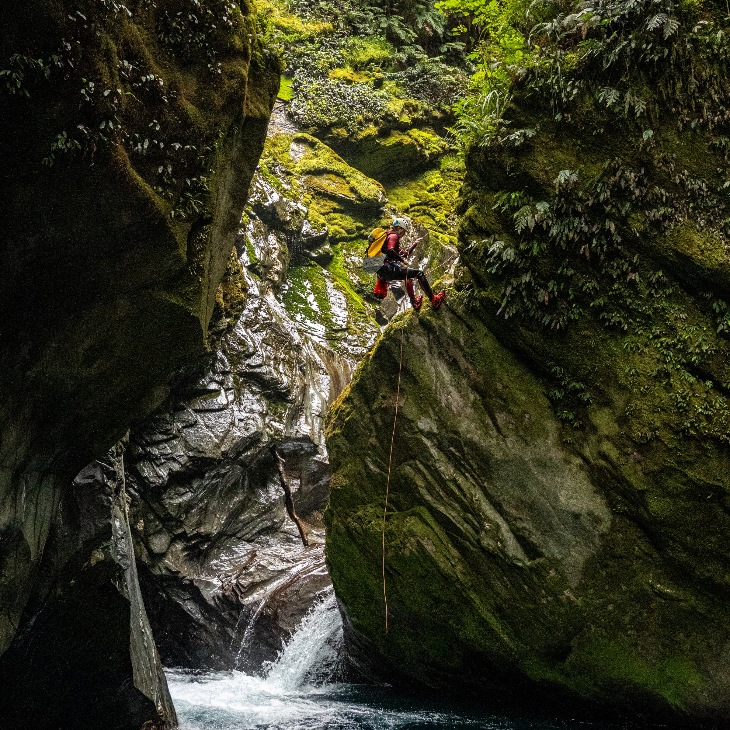 Person rappelling down mossy canyon wall into turquoise pool below.