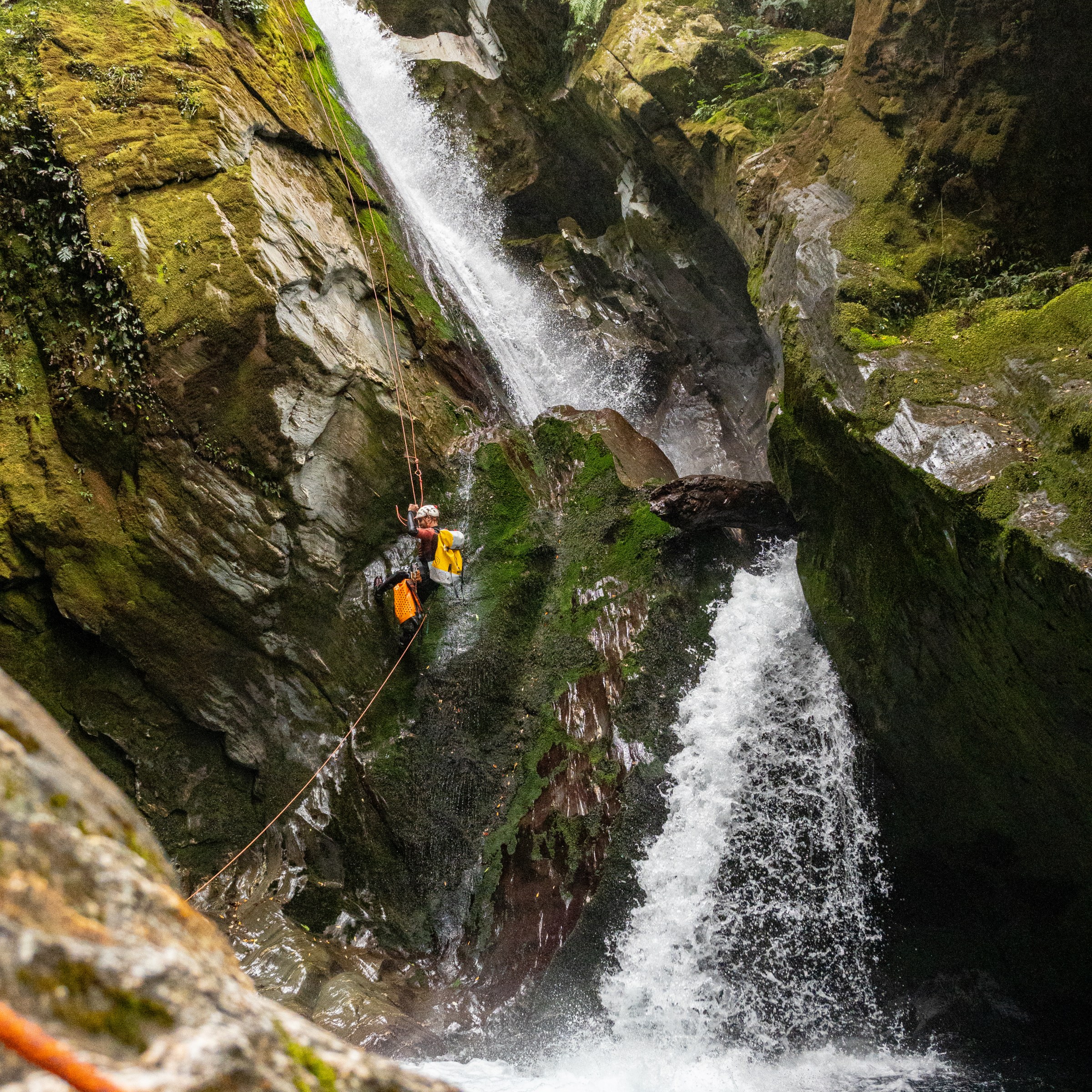 Person canyoning down a waterfall in a lush, rocky gorge.